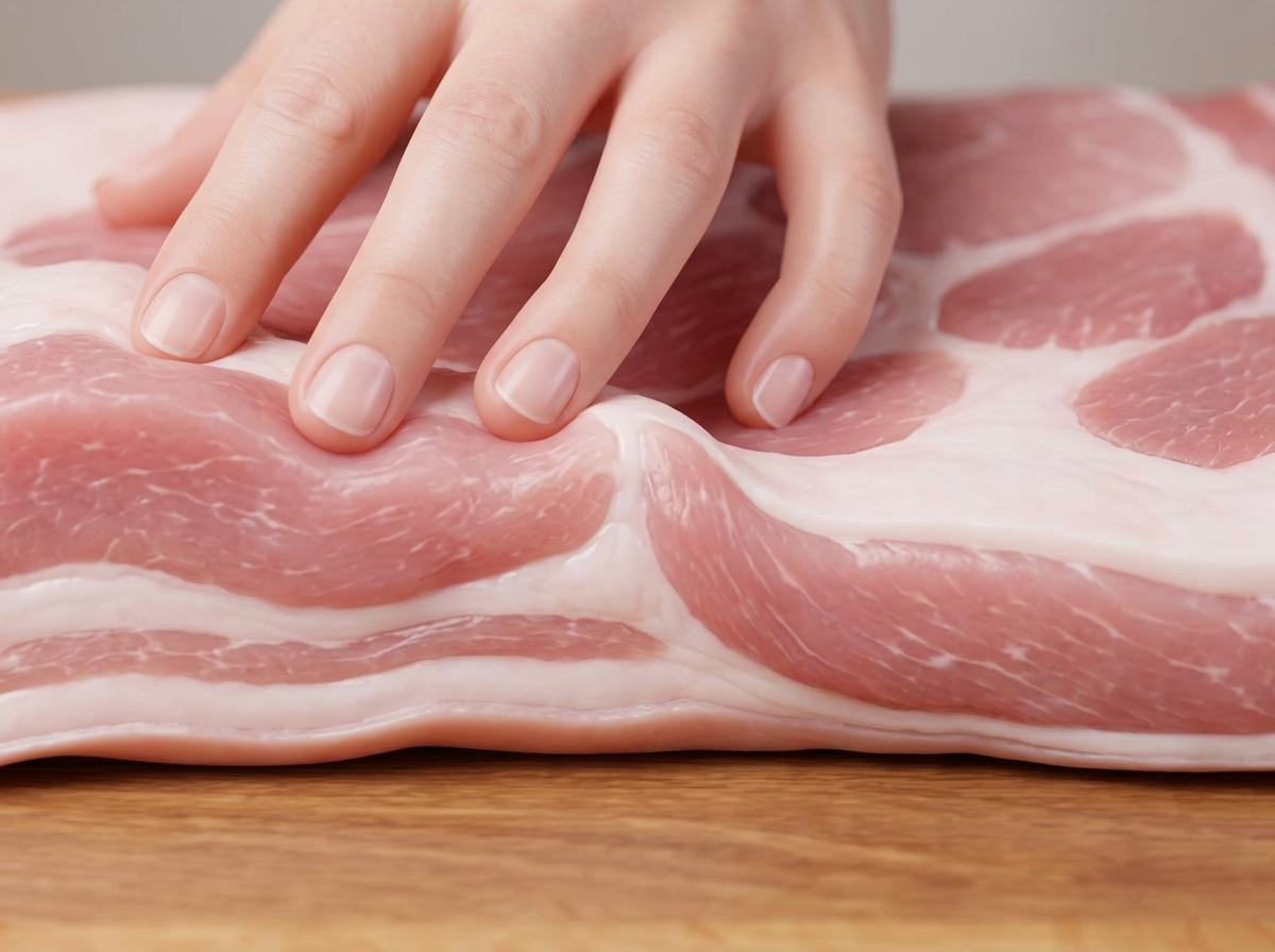 豚バラ肉の皮目や脂身側に包丁で格子状の切り込みを入れている様子。