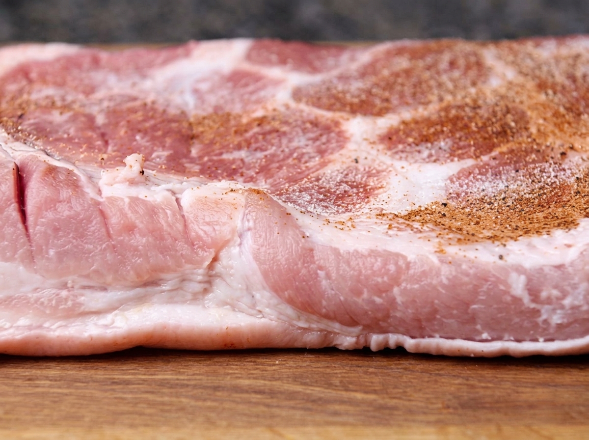 豚バラ肉全体に塩と粗挽き黒胡椒をたっぷりとかけている様子。