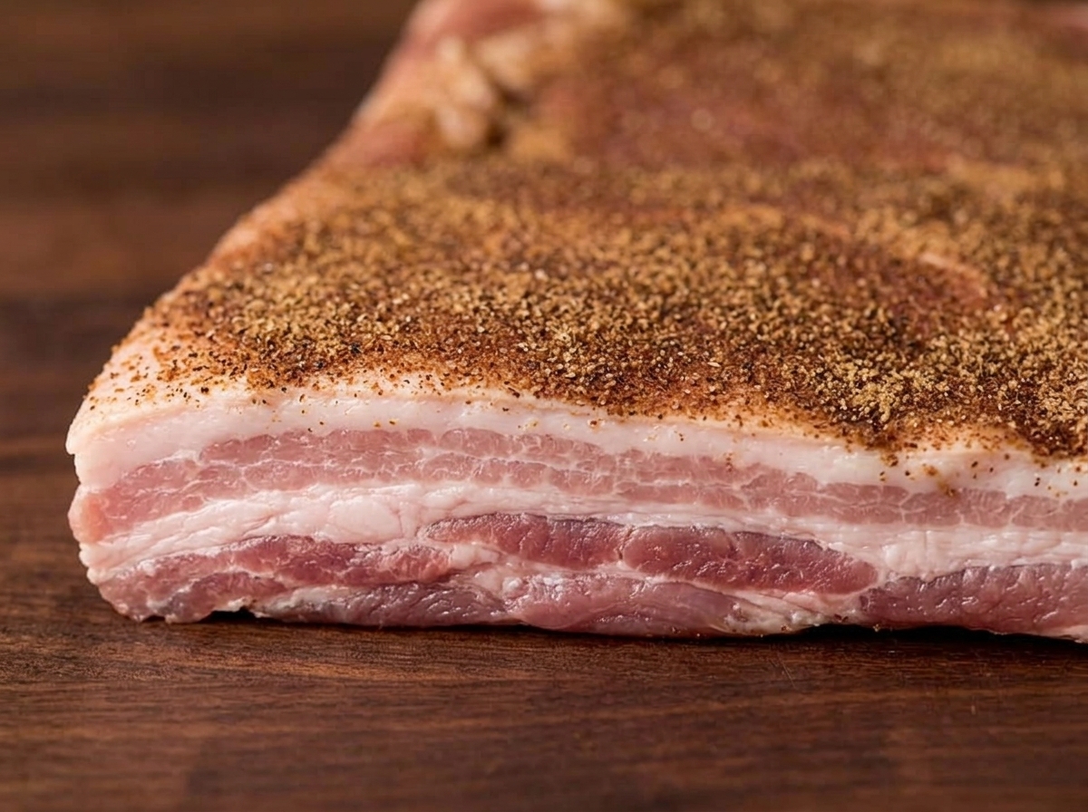 下味をつけた豚バラ肉を円筒状にきつく巻いている様子。
