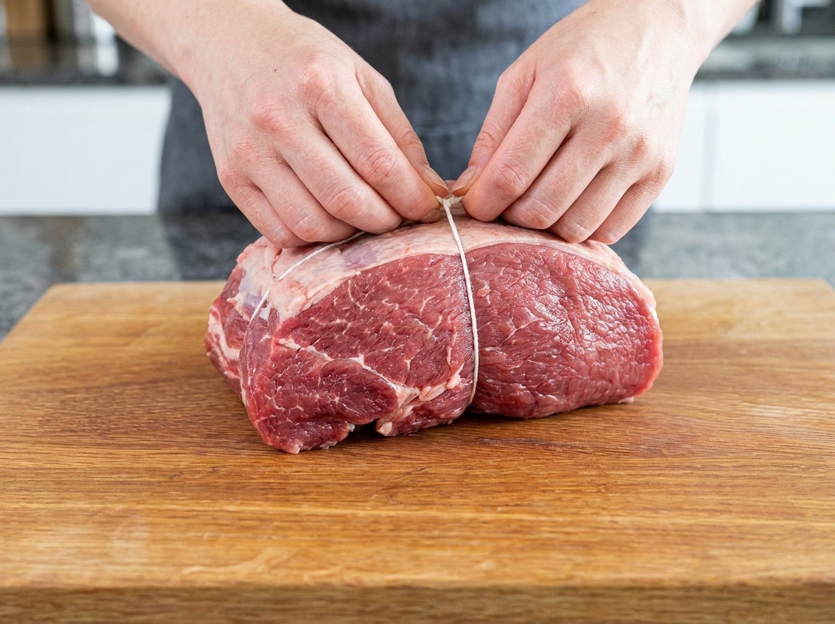 タコ糸を使って、巻いた豚バラ肉を等間隔に縛っている様子。