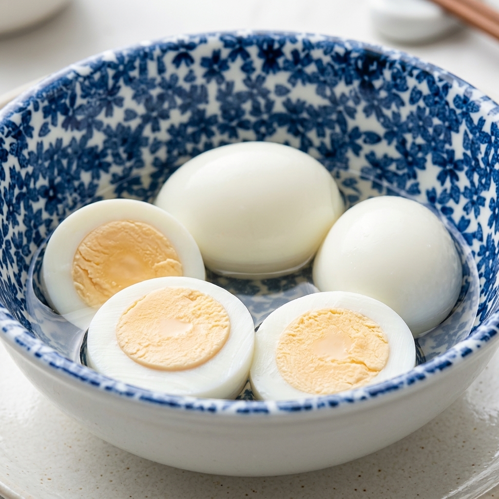 醤油ダレの入ったボウルの中で、茹で卵が漬け込まれている様子。