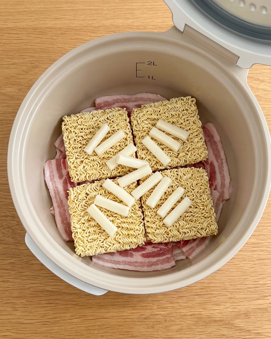 スライスした玉ねぎを麺の上にのせている様子。