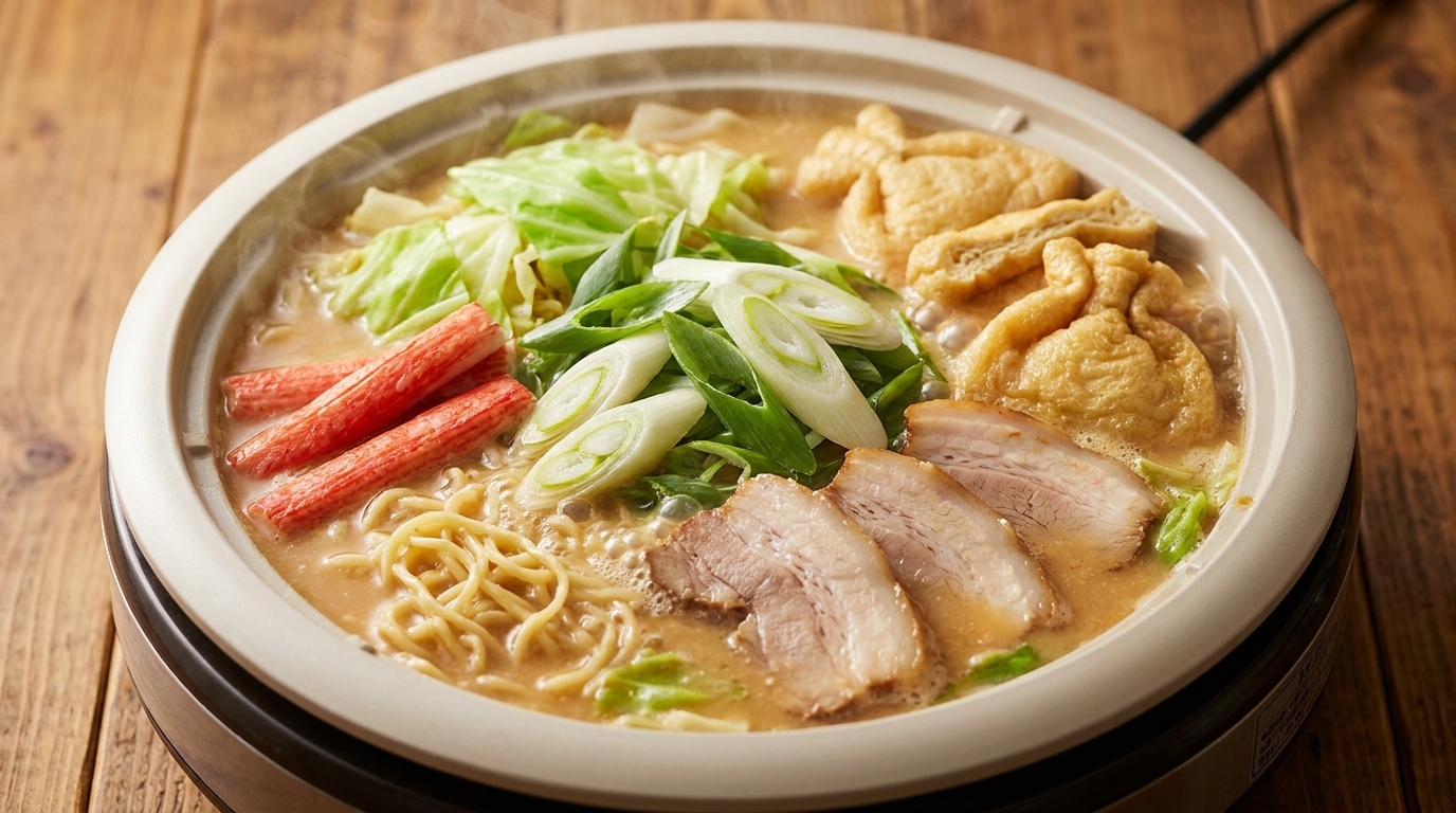豚バラ肉、キャベツ、カニカマ、厚揚げがたっぷり入った、濃厚な味噌ラーメン。