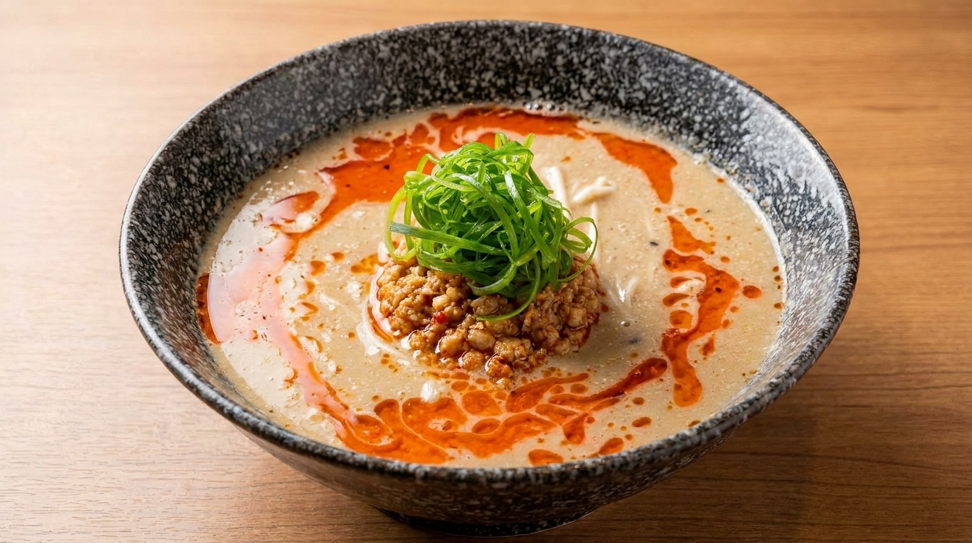 濃厚なごまスープに旨味たっぷりの挽き肉、鮮やかなラー油とネギをトッピングした、本格坦々麺の一杯。