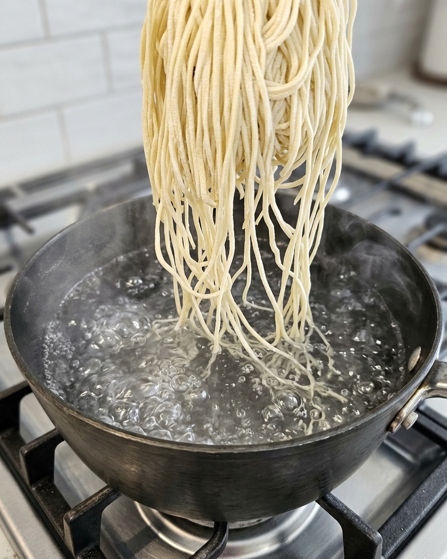 鍋で茹でられているラーメンの麺。