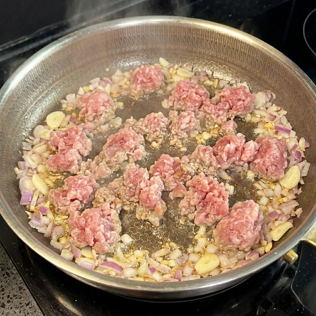 香味野菜と一緒に炒められているひき肉。