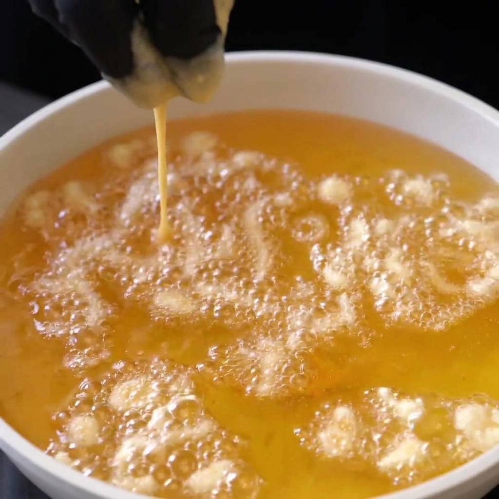 熱した油に衣を散らし、小さな揚げ玉を作っている様子。
