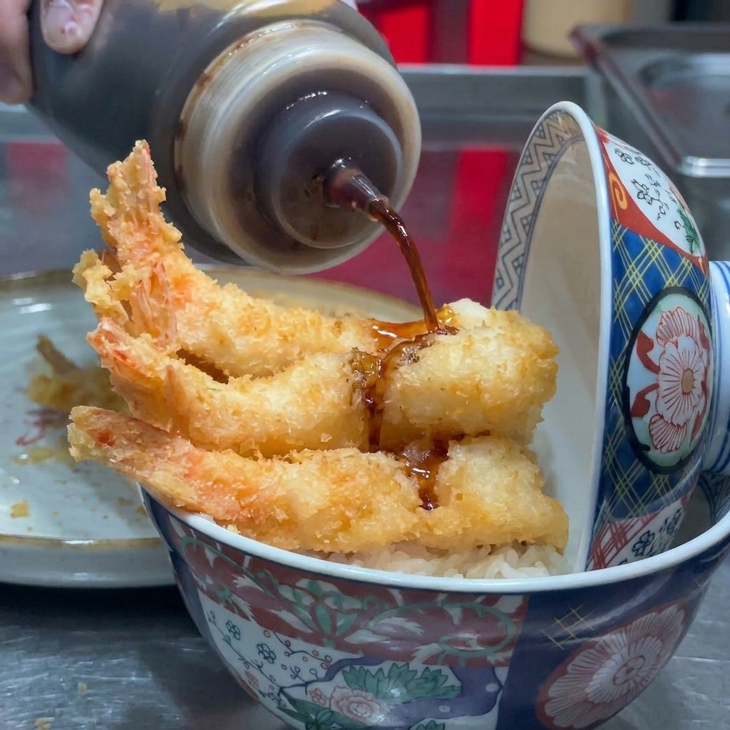 タレのボトルから海老天の上へタレをかけている様子。