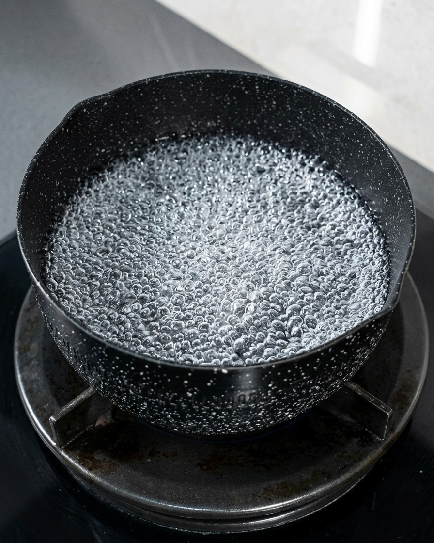 鍋で昆布を入れて出汁をとっている様子。