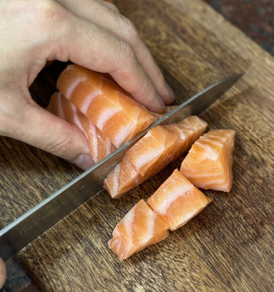 木製のまな板の上で、よく切れる包丁を使って新鮮なサーモンを均等なサイコロ状にカットしている様子。