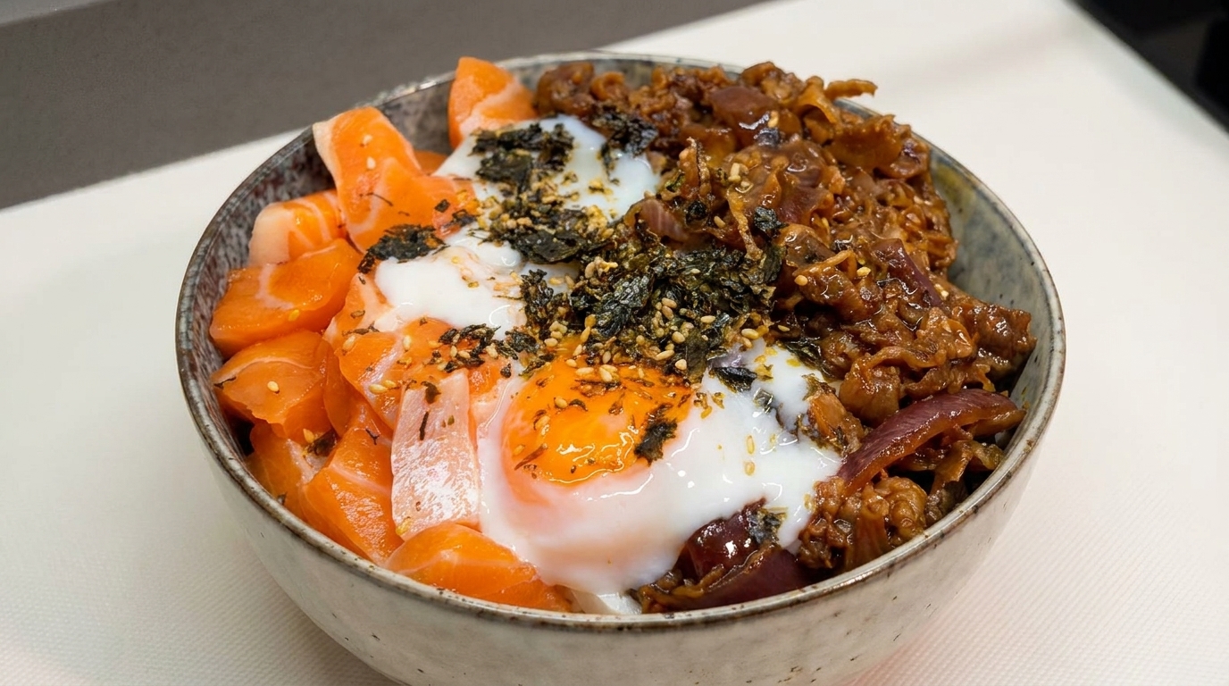サーモンと牛カルビの温泉卵のせ丼