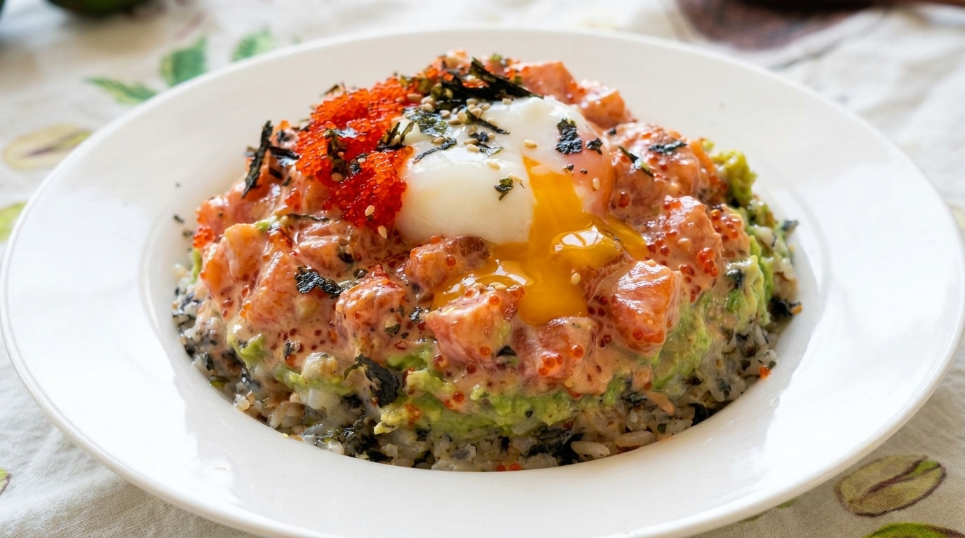 温泉卵がとろけるサーモンとアボカドのポキ丼