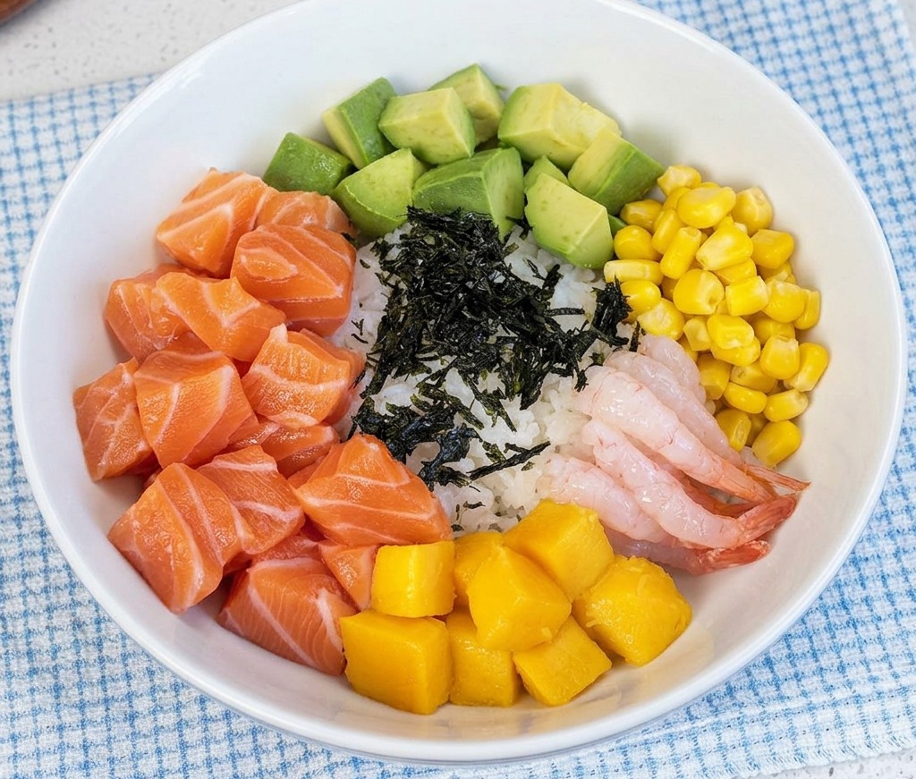 様々な具材がカラフルに盛り付けられたポキ丼の中央に、細かく刻まれた乾燥海苔がのせられている様子