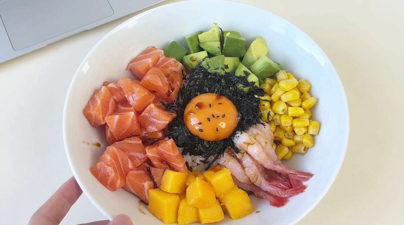 甘エビとマンゴーのサーモンアボカドポキ丼