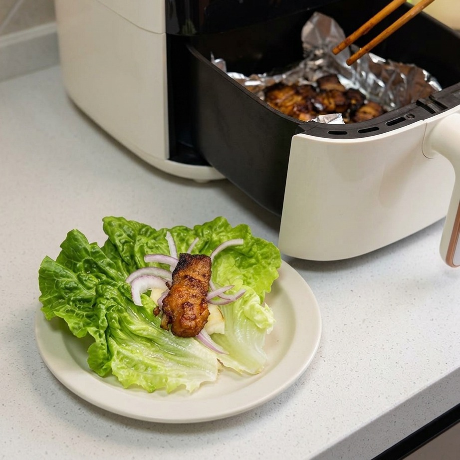 木製の箸を使って、玉ねぎのスライスが添えられた新鮮な緑のレタスの葉の上に、こんがりとカリカリに焼けたノンフライヤー豚バラ肉をのせている様子。