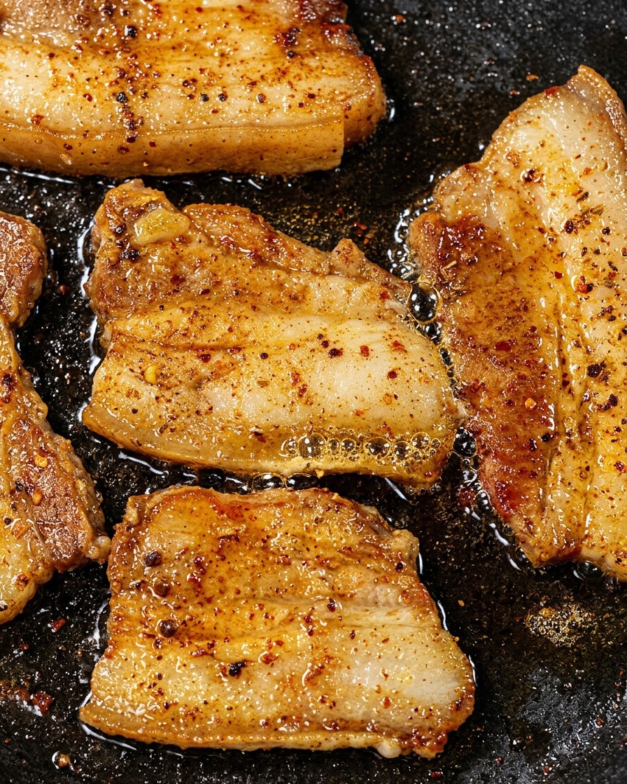 厚切りの豚バラ肉が自身の脂でジューシーに焼け、焼き目がついているクローズアップ写真。