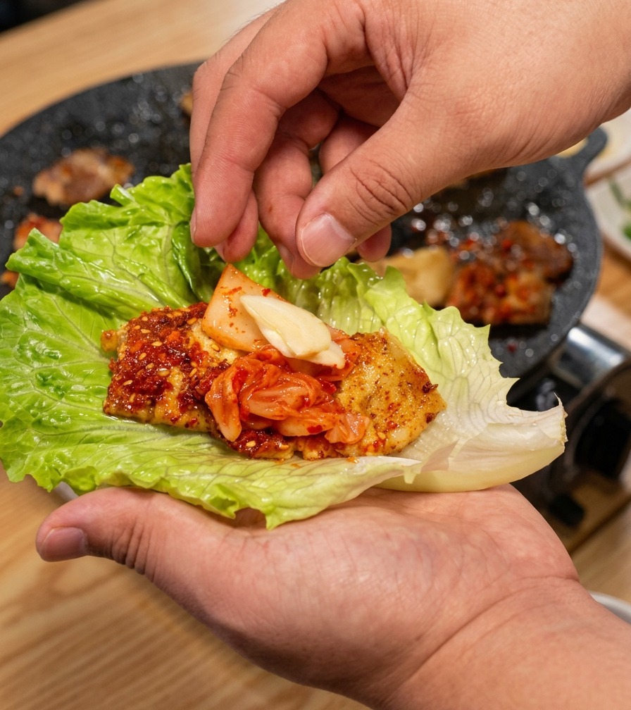 お肉とキムチが入った野菜包みに、スライスした生ニンニクを添えている様子。