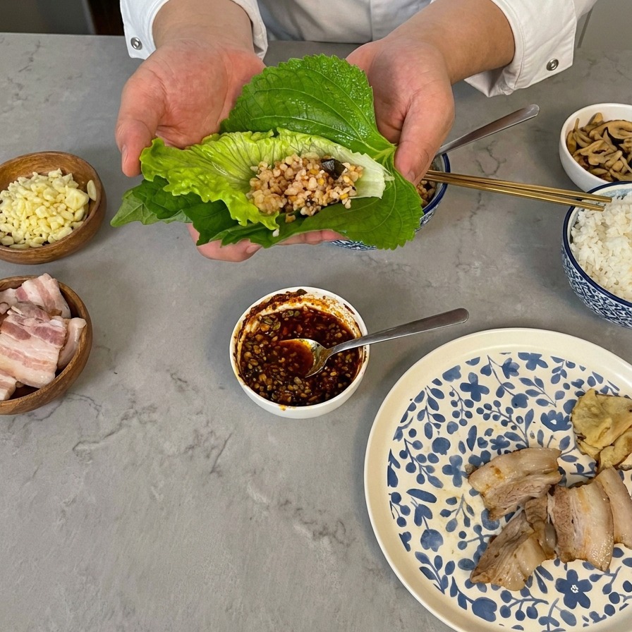 両手で持った包み野菜に温かい白米をのせている様子。周りにはニンニクやお肉の小皿が並んでいる。
