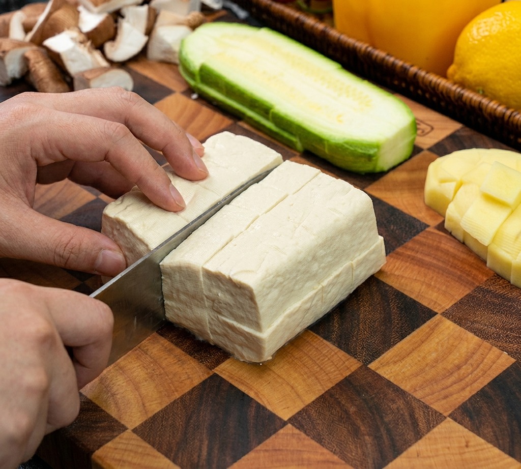 木製の調理スペースで、白い豆腐を崩さないように手を添えながら、均一な立方体に切っている様子。
