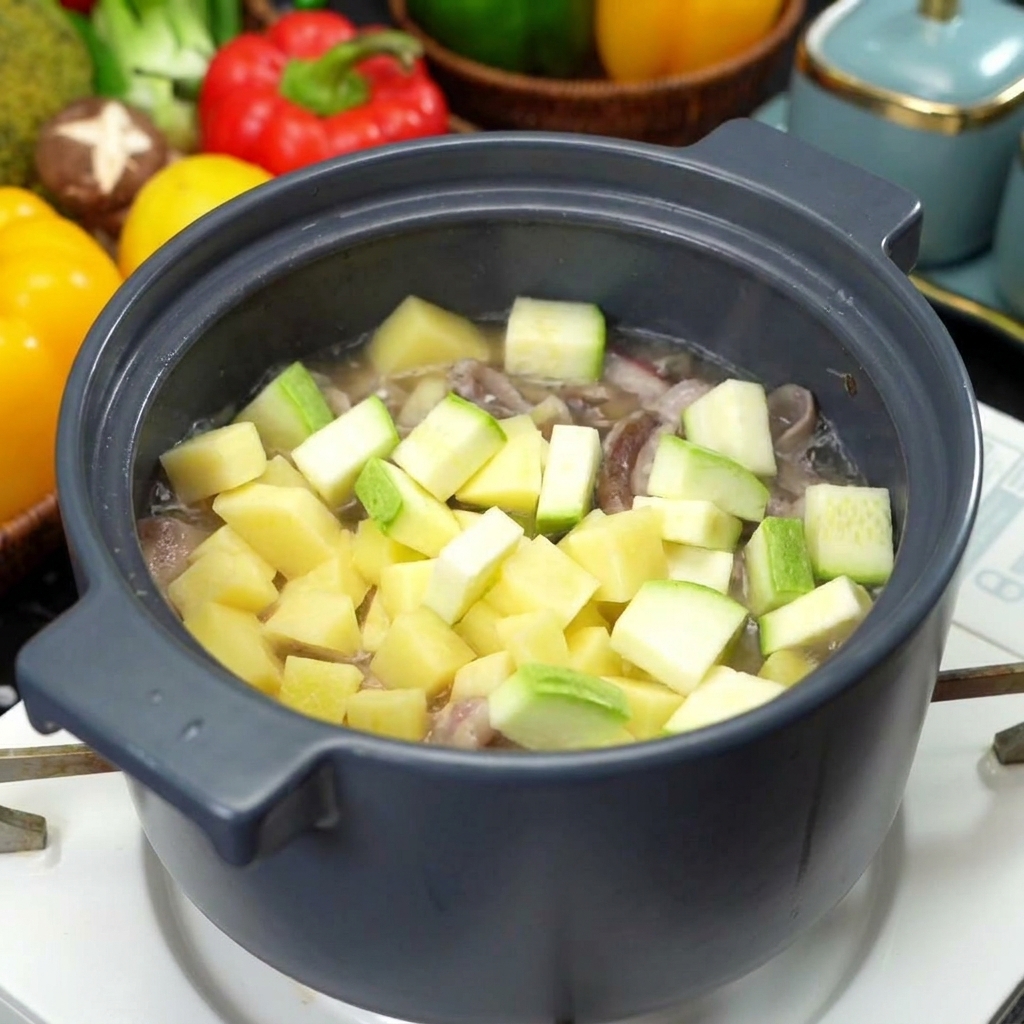 炒めた牛肉が入った深型の鍋に、角切りにした生のじゃがいもとズッキーニを加えている様子。