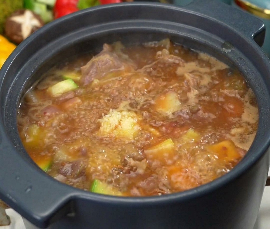 牛肉やズッキーニがグツグツと煮立つ韓国味噌スープの中に、スプーン一杯のみじん切りにんにくを加えている様子。
