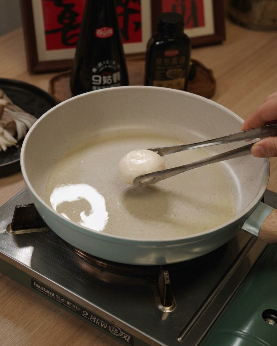 軽く油を引いたフライパンに、トングを使って新鮮なホワイトマッシュルームのかさを下向きに並べる様子