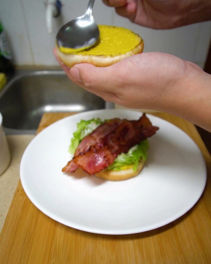 銀のスプーンを使って、トーストしたバーガーバンズの内側に鮮やかなイエローマスタードを塗っている様子。