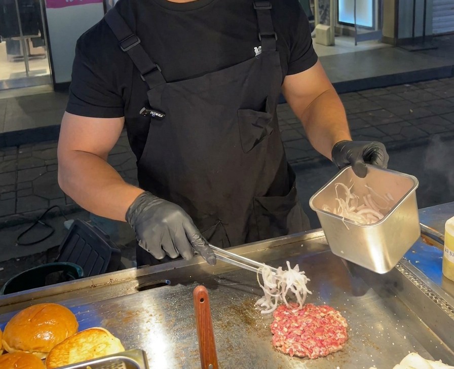 シェフが金属製のトングを使い、焼いているビーフパティの横の熱い鉄板に薄切りの赤タマネギを並べている様子。