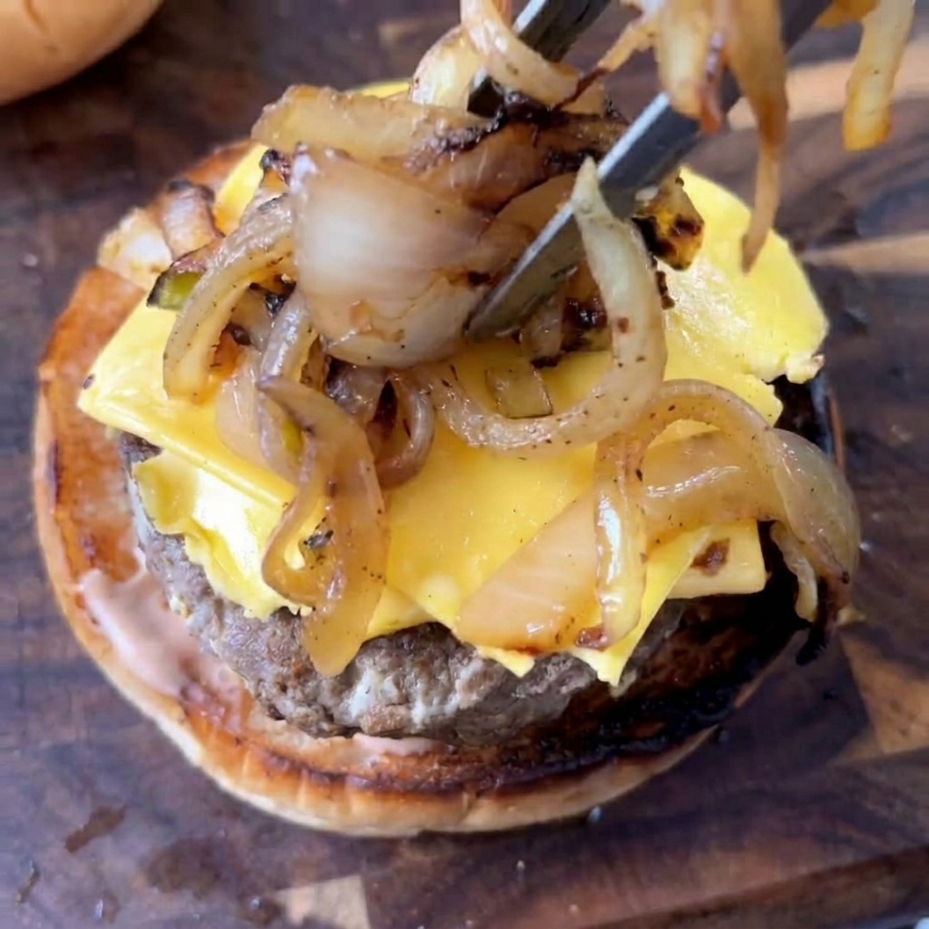 トングを使って、チーズに覆われたバーガーパティの上に、こんがり炒めたきつね色の玉ねぎをのせている様子。