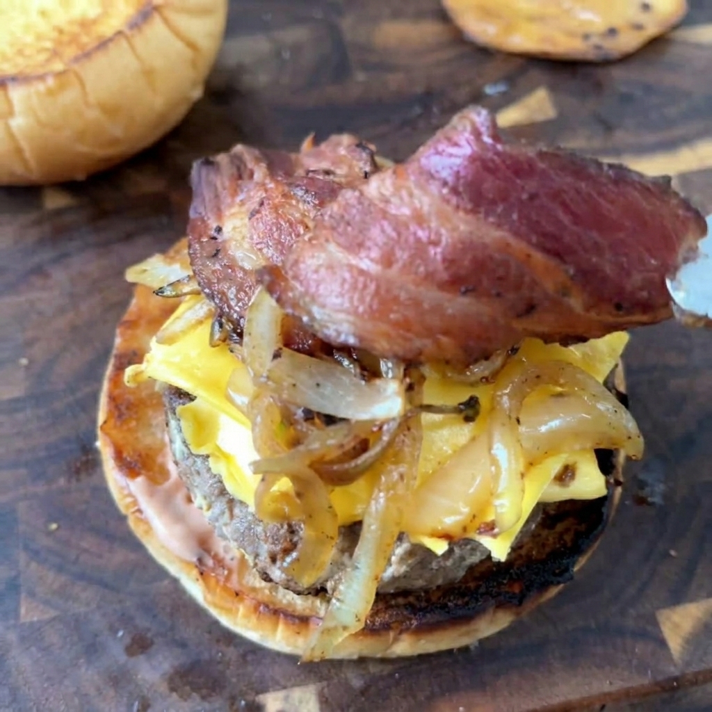 バーガーの組み立て中に、玉ねぎの上にカリカリに焼けたベーコンを重ねて配置している手元。