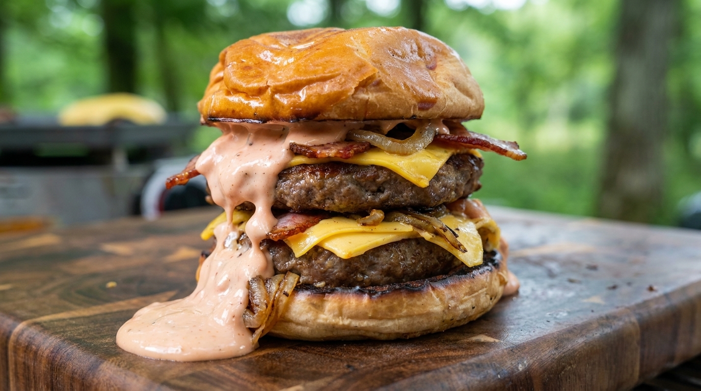 豊かな森を背景に、とろけるチーズ、カリカリのベーコン、溢れる特製ソースが食欲をそそる圧倒的ボリュームのダブルビーフチーズバーガー。