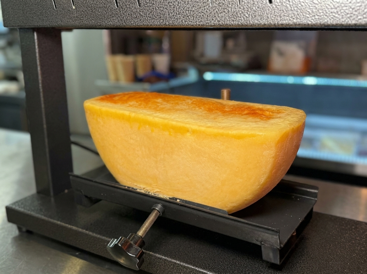 強い熱源によって、表面が泡立ち、深い焼き色がついたラクレットチーズのアップ。