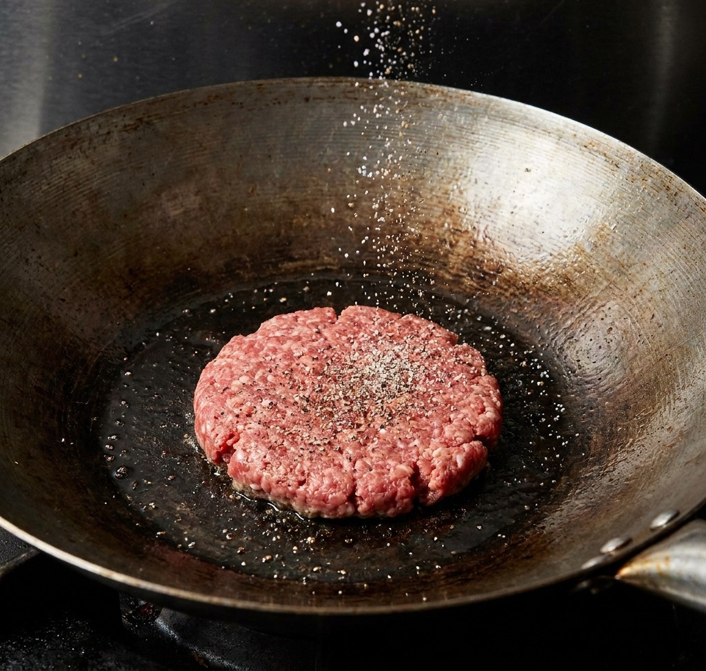 熱いフライパンで焼かれている生の牛肉パティの上に、塩と黒こしょうが振りかけられている様子。