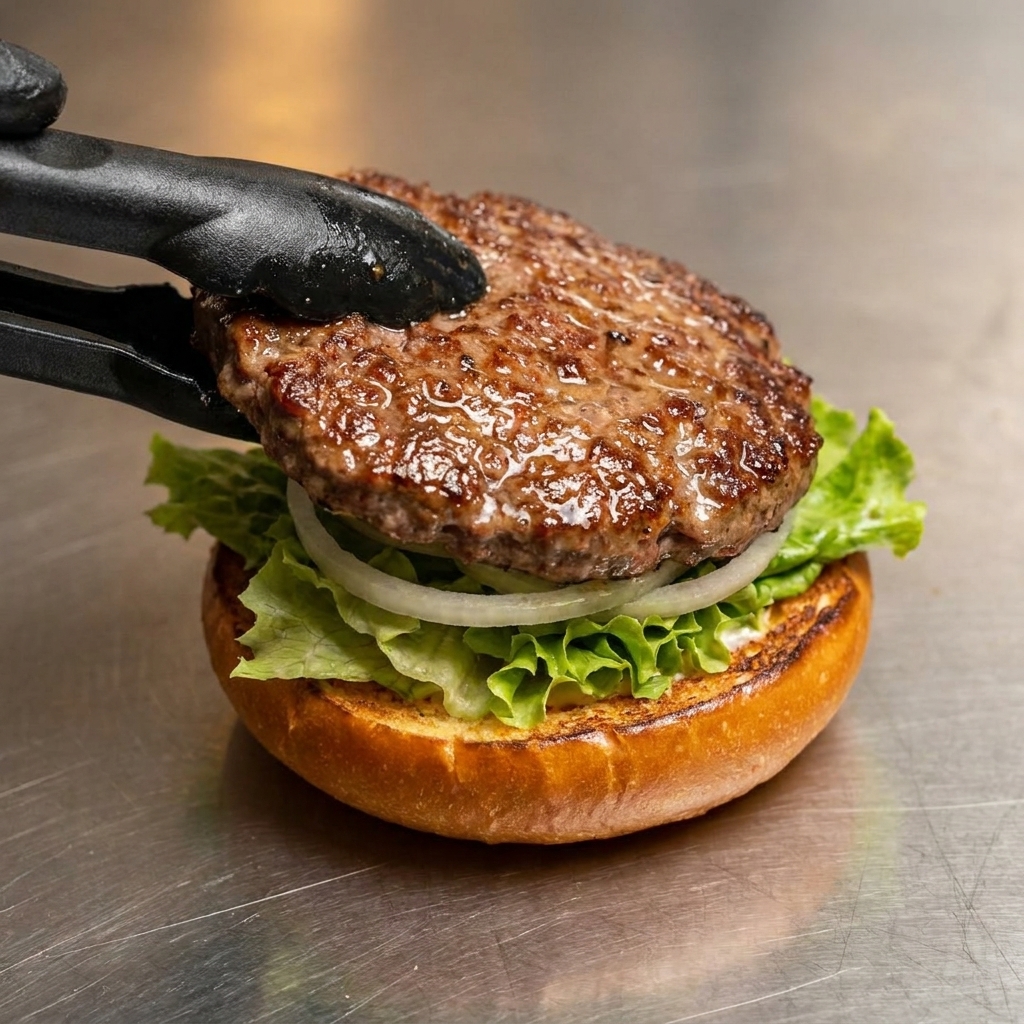 レタスとオニオンスライスをのせたバンズの上に、トングを使ってジューシーに焼けた牛肉パティをのせている様子。