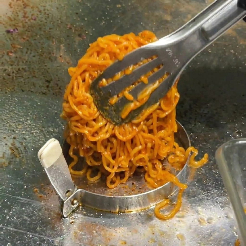 真っ赤なソースが絡んだ麺が、平らな鉄板の上に置かれた丸いステンレス製のセルクル(型)の中に敷き詰められている様子。