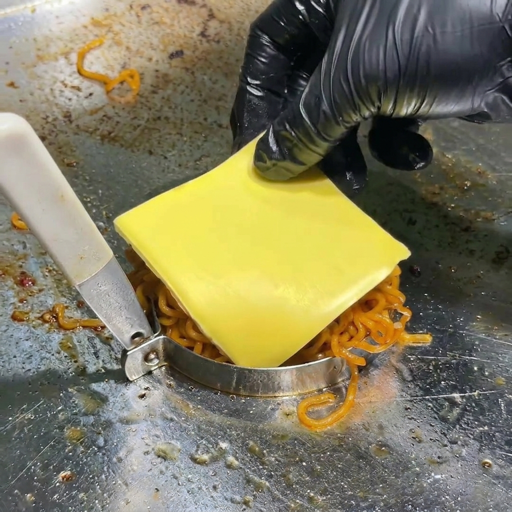 鉄板の上の金属リングに収まった、湯気が立つ激辛麺の上に、手袋をはめた手が四角いイエローアメリカンチーズをのせている様子。