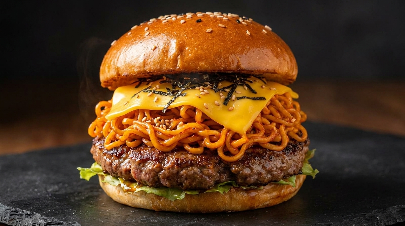 香ばしく焼き上げた牛肉パティに、真っ赤なプルダック炒め麺ととろけるチーズを豪快に重ねた、ボリューム満点のフュージョンバーガー。