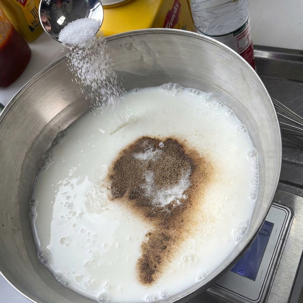 ヨーグルトと茶色いスパイスが入った金属製のボウルに、スプーンで白い塩を振り入れている様子
