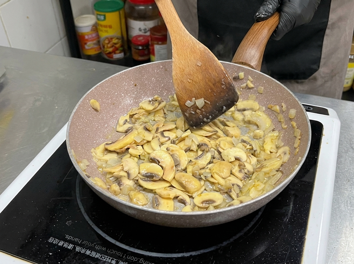 フライパンの中でマッシュルームと玉ねぎが木べらで炒められ、きれいな焼き色がついて全体のボリュームが減っている様子