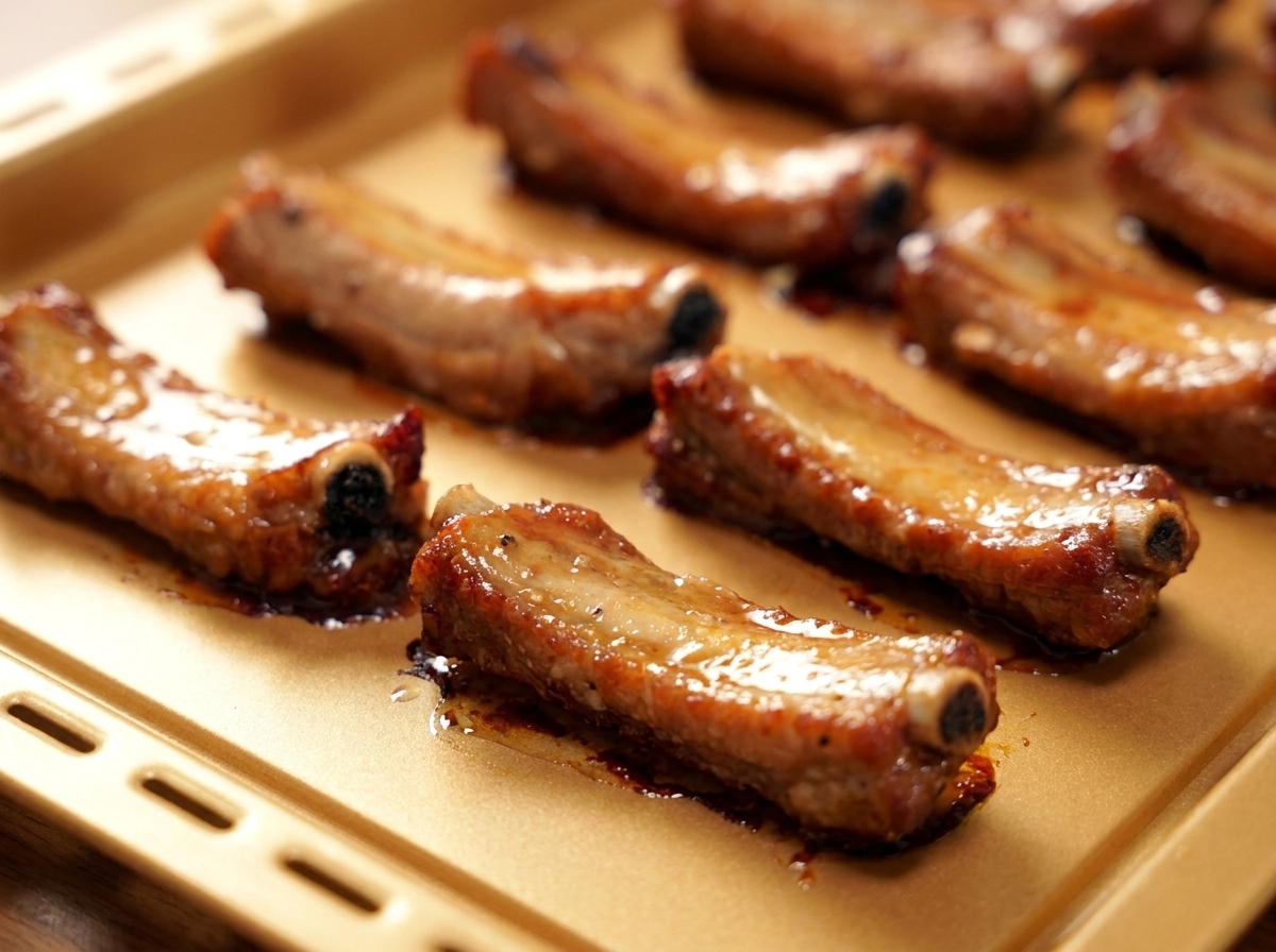 一度ひっくり返し、きれいに並べられた、少し焼き色のついた黄金色の豚スペアリブのトレイ