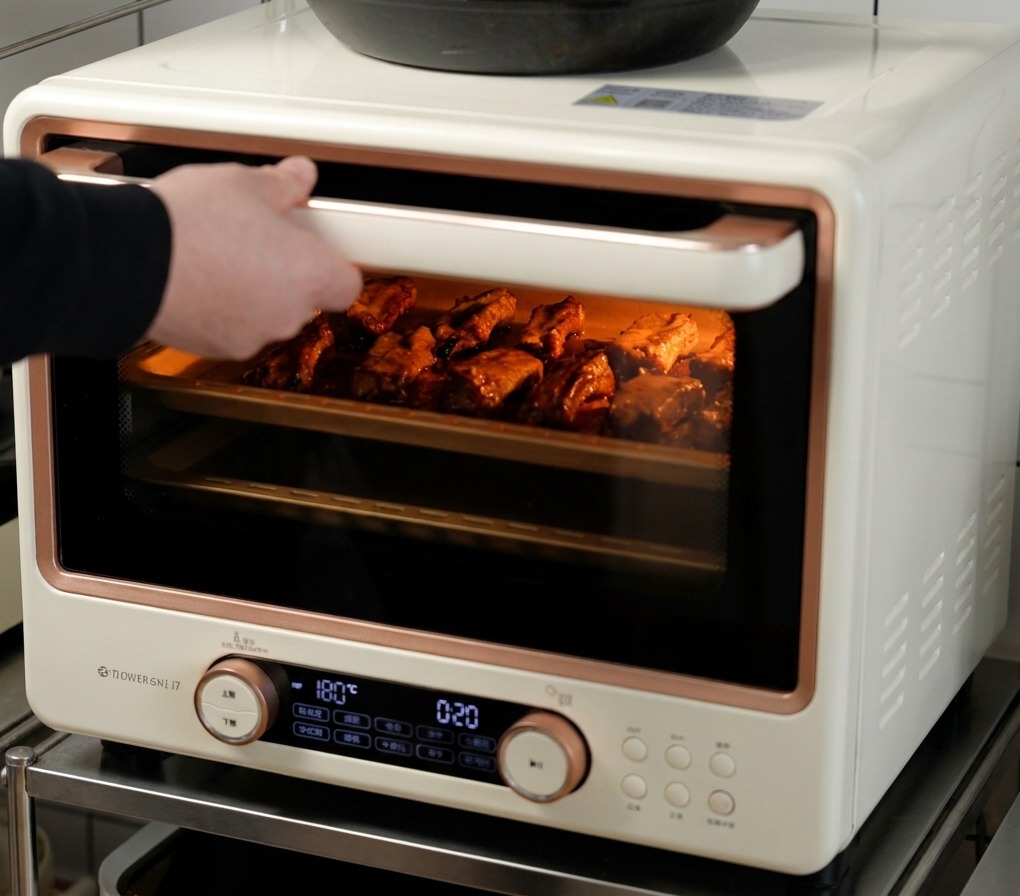 オーブンの扉越しに見える、天板の上でこんがりと焼き色がつき、ジューシーに泡立っている豚スペアリブ
