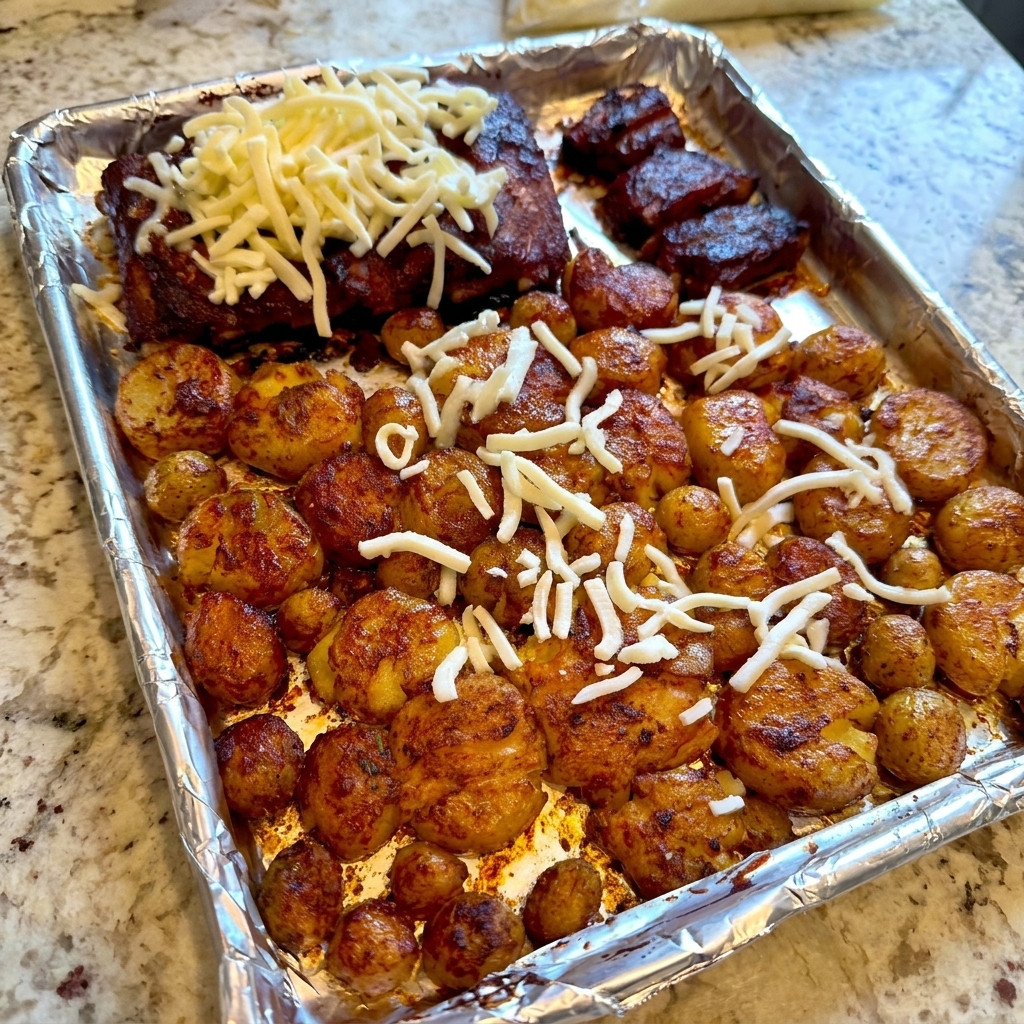 BBQソースを塗ったリブと、黄金色に潰されたポテトがのった天板全体に、ホワイトシュレッドチーズが散りばめられている様子。
