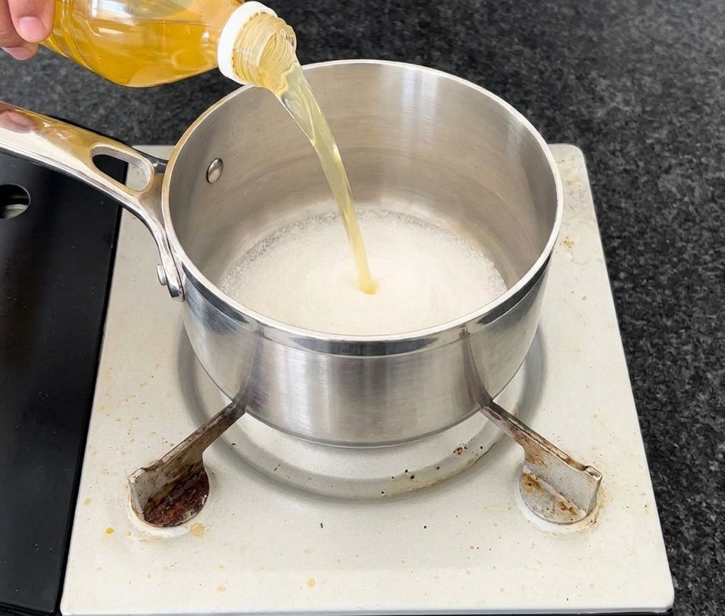 卓上コンロに置かれた、底に白砂糖が敷かれた小さな金属製の鍋に、プラスチックボトルから透明なアップルサイダービネガーを注いでいる様子。