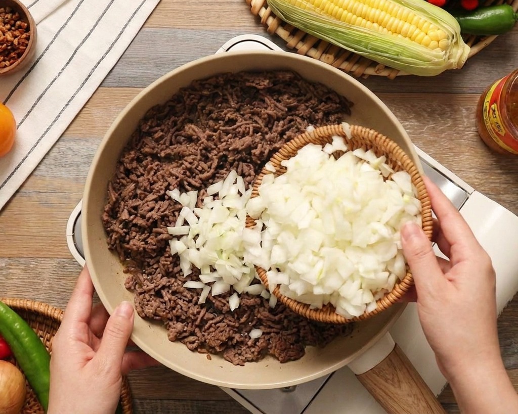 小さなザルからみじん切りの白玉ねぎを、焼き色のついた牛ひき肉の入ったフライパンに入れている様子。