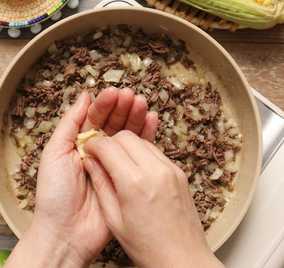 みじん切りの玉ねぎと炒めた牛ひき肉が入ったフライパンに、手でにんにくを加えている様子。