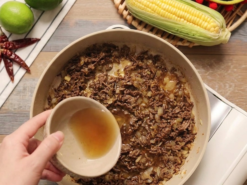 小さなボウルから、味付けした牛ひき肉と玉ねぎの入ったスキレットに液体を注いでいる様子。