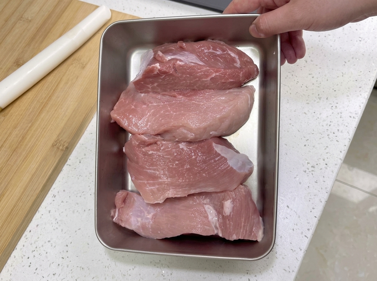 白い調理台の上に置かれた浅いステンレストレイに、新鮮なピンク色の豚もも肉（赤身）が並んでいる様子。