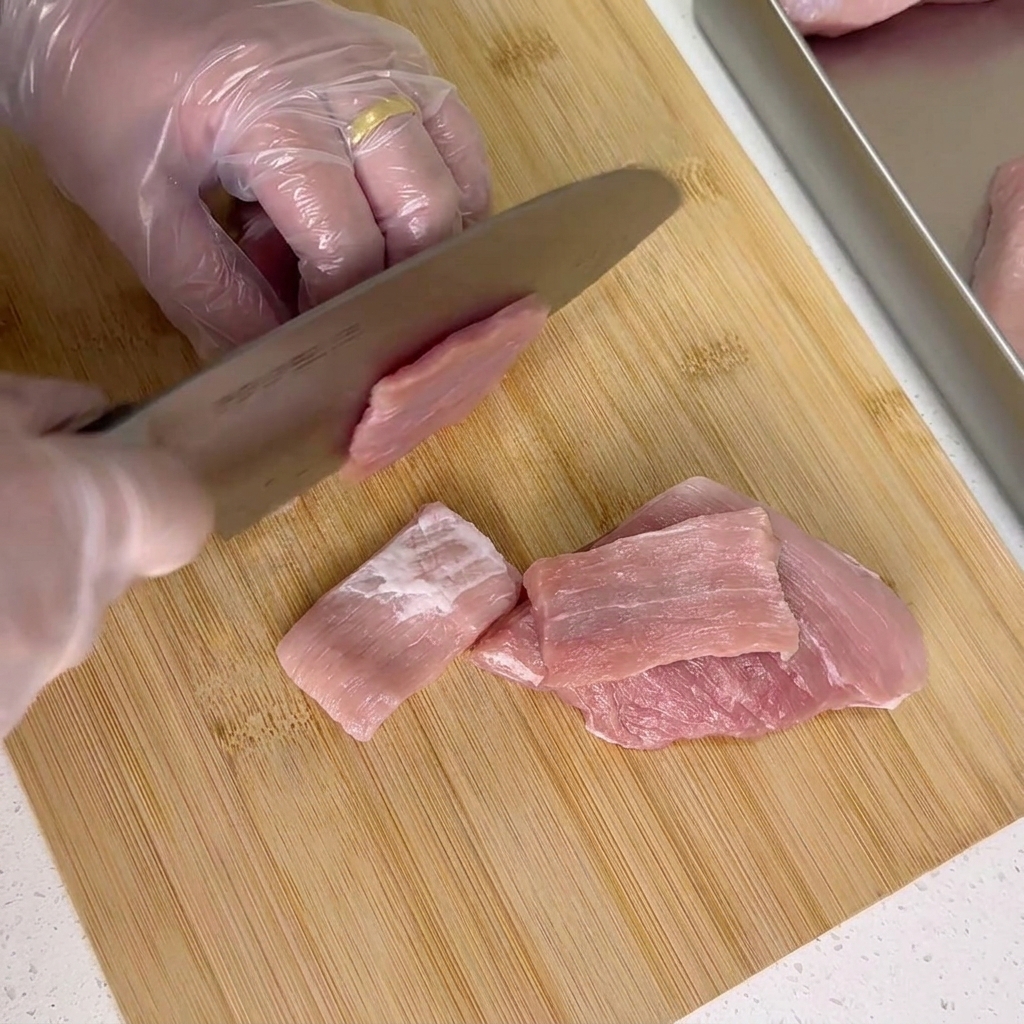 シェフが大きめのステンレス製中華包丁を使い、木のまな板の上で生の豚肉を薄く均等に切っている様子。