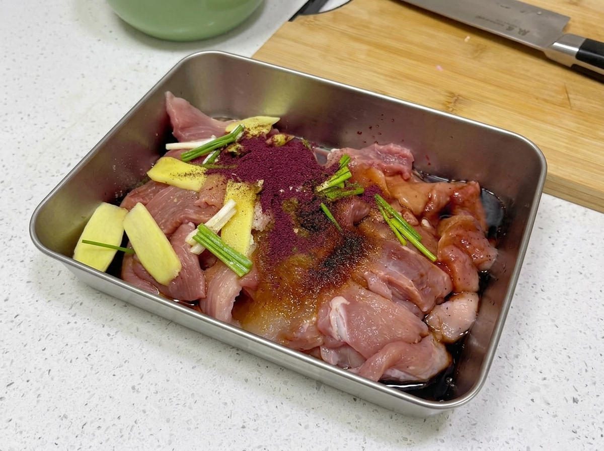 ステンレストレイの中の味付けされた豚肉と香味野菜の上に、細かい赤紫色の紅麹パウダーを振りかけている様子。