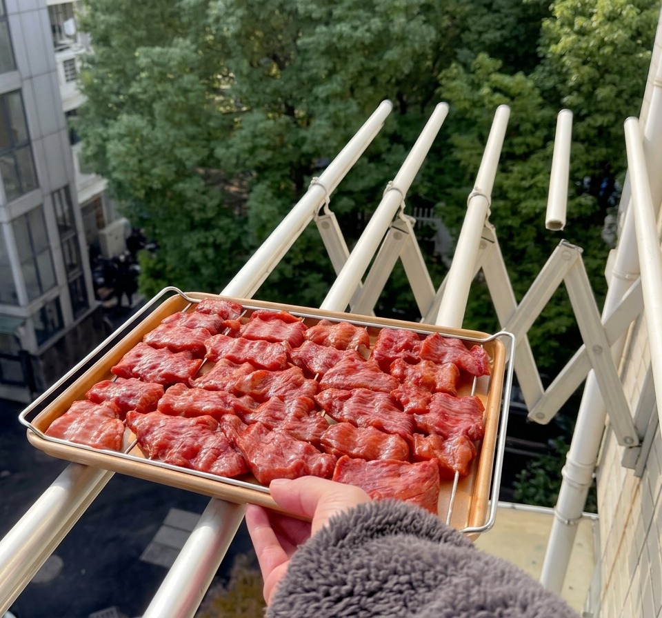 赤い豚肉が並べられたワイヤーラックをベランダの手すりに置き、背景に街の通りや緑の木々が見える風景。